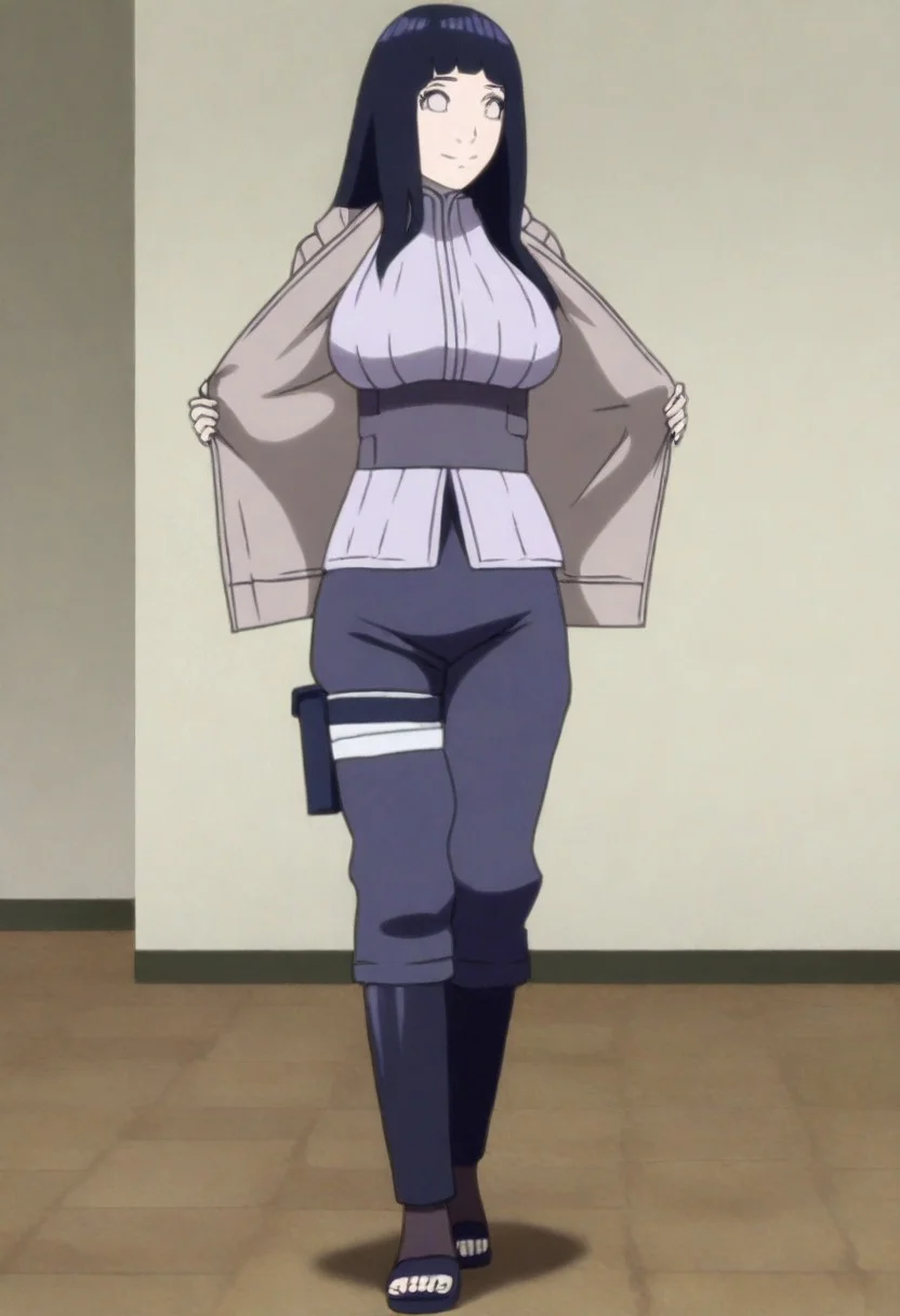 1girl, hyuuga hinata, long hair, black hair, white eyes, large breasts, perfect body, alta resolución, anatomically correct , The best quality, details, high quality, masterpiece, smile,, smile, confident posture, cargo pants, thin T-shirt, boyish jacket, brown jacket, brown shoes, standing