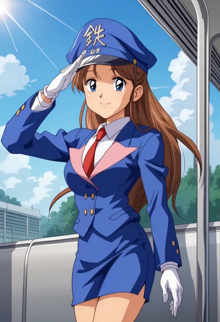 score_9, score_8_up, score_7_up, score_6_up, anime screencap, anime coloring, <lora:Tetsuchan-04:0.7>, Tetsuchan, brown hair, long hair, blue eyes, 
pencil skirt, uniform, peaked cap, necktie, white gloves, upper body, 
standing, looking at viewer, smile, looking at viewer, salute, hand on own hip, 
BREAK blue sky, sunlight, train station, cityscape, train, outdoors,