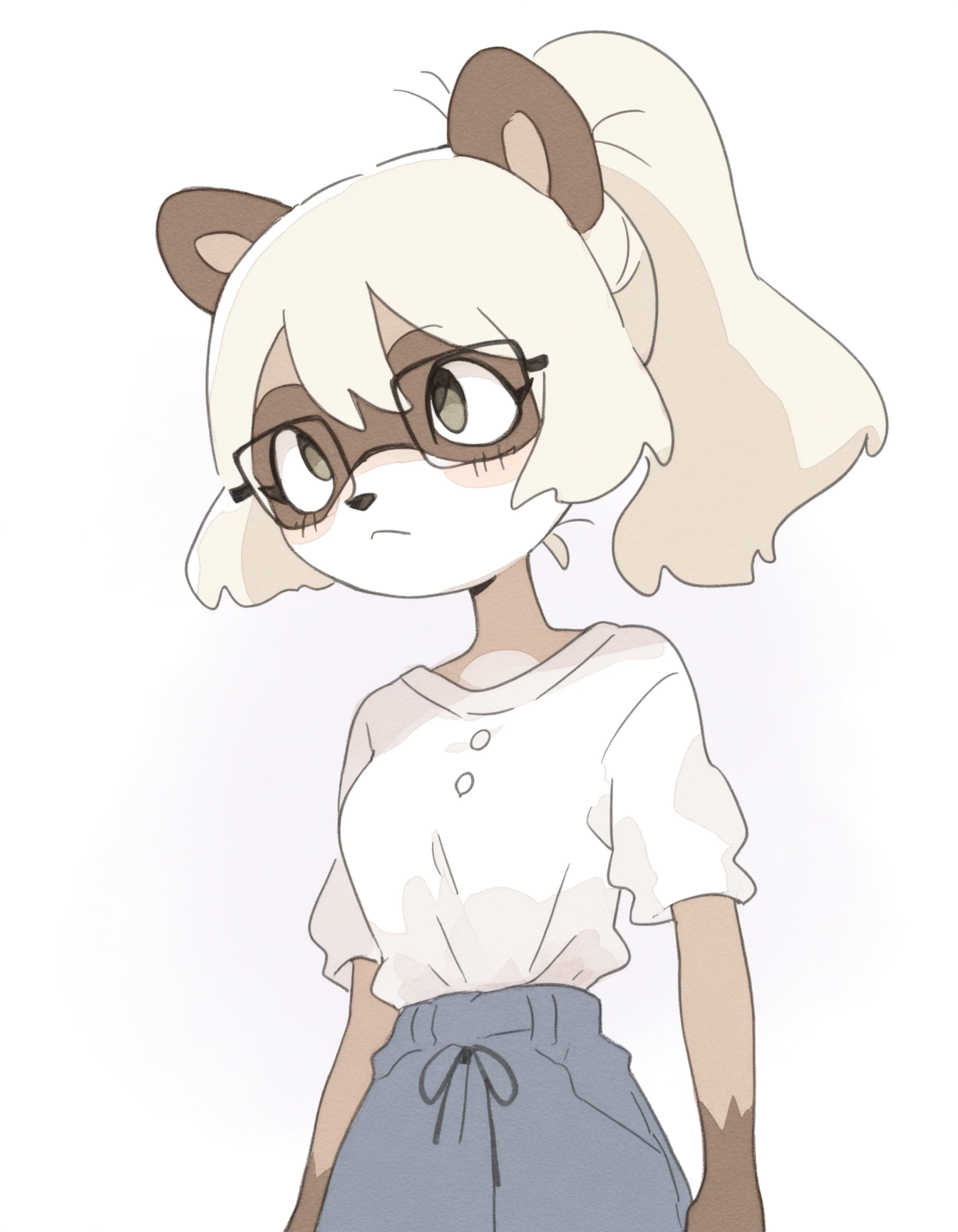 watercolor, colored outlines, 

1girl, solo, furry, anthro raccoon girl, almond-shaped eyes, hazel eyes, (square glasses:1.15), straight blonde hair, long ponytail, (button-up shirt:1.35), 