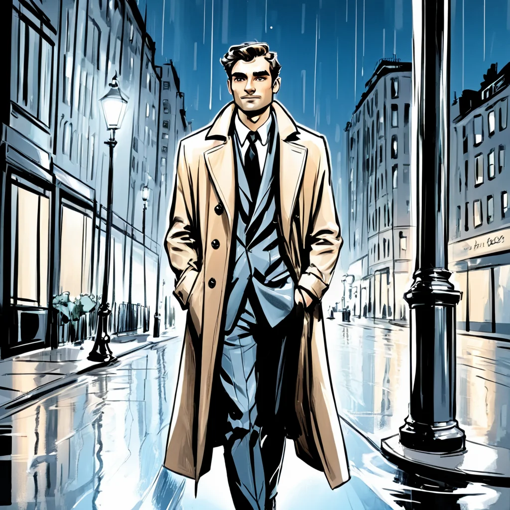<lora:Azure_Sketch_Illustration:1> ArsMJStyle, AzureSketch, 1man, solo, city street, night, rain, lamppost, long coat, hands in pockets, reflection, moody, urban