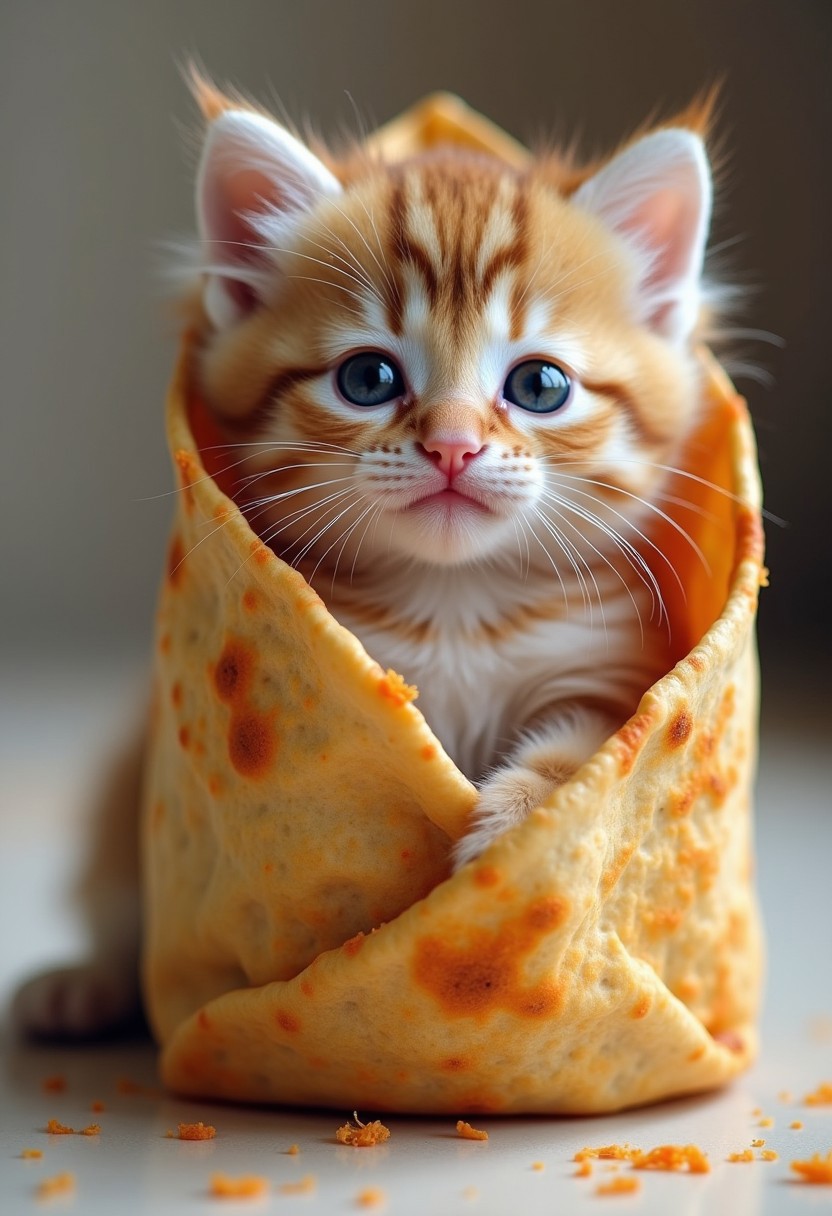 A fluffy kitten in a burrito!
