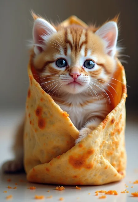 A fluffy kitten in a burrito!
