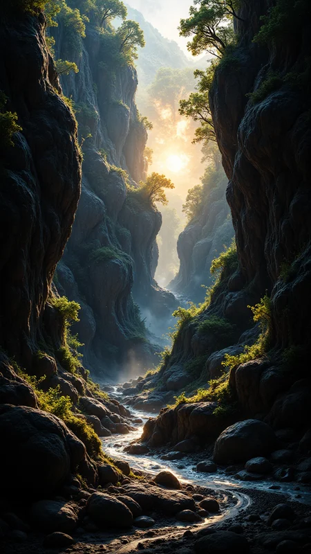 Primordial cliff landscape, glowy translucency, Sunlight, dramatic