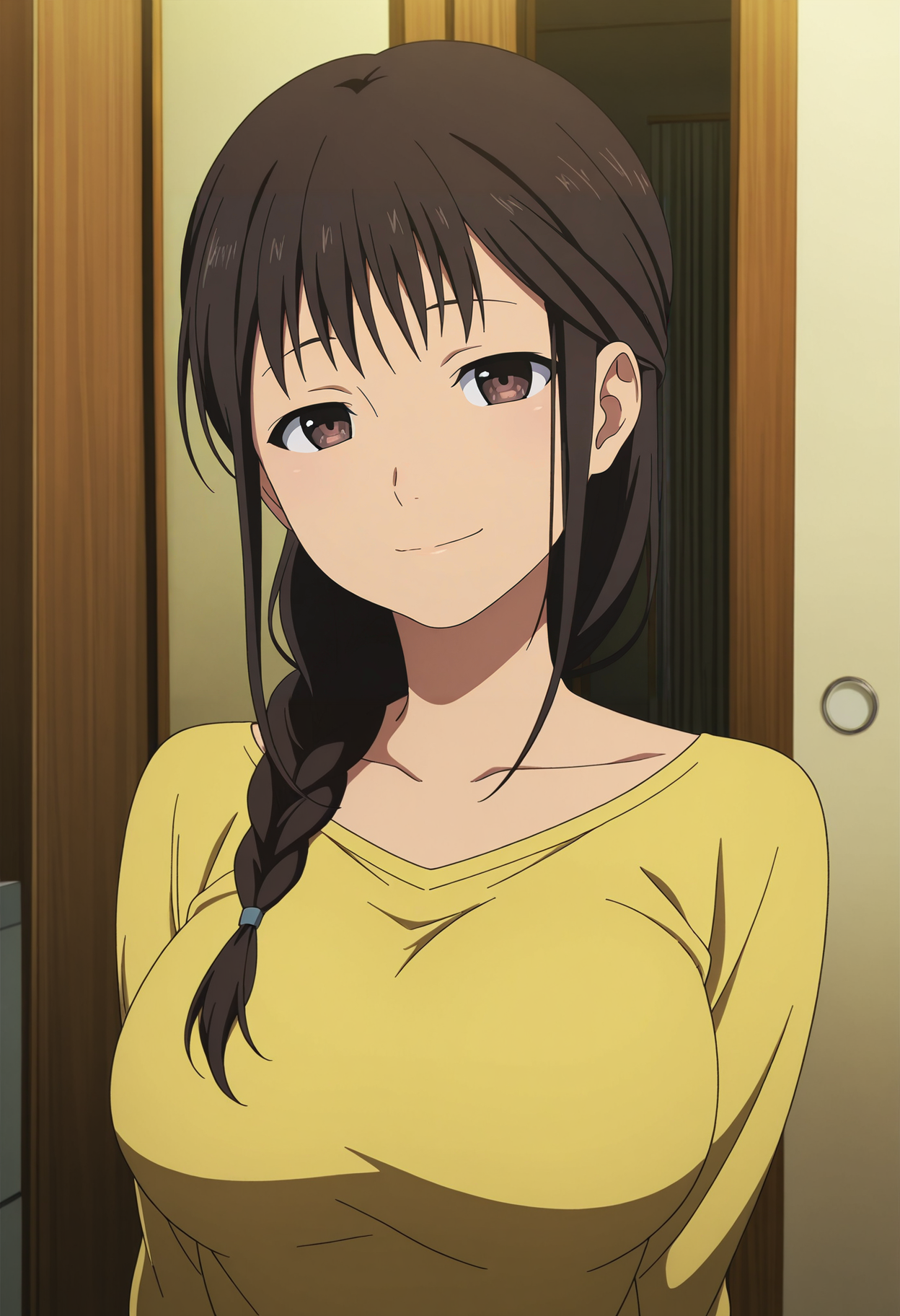 1girl,solo,Misato,brown hair,braid,long hair,brown eyes,hair over shoulder,large breasts,anime coloring,
yellow shirt,upper body, looking at viewer, smile,indoors
,masterpiece,best quality,amazing quality,<lora:Misato_Segawa-Shirobako:0.85>