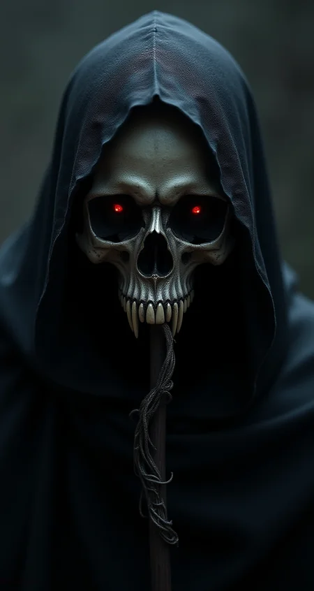 masterpiece, high detail, ArsMJStyle, dnddarkestfantasy, masterpiece, closeup portrait of death, skull with faintly glowing eyes, black hooded robes, scythe, chiascuro, dark background. highest definition, HD32K, wallpaper, hyperdetailed, concept art, extreme closeup