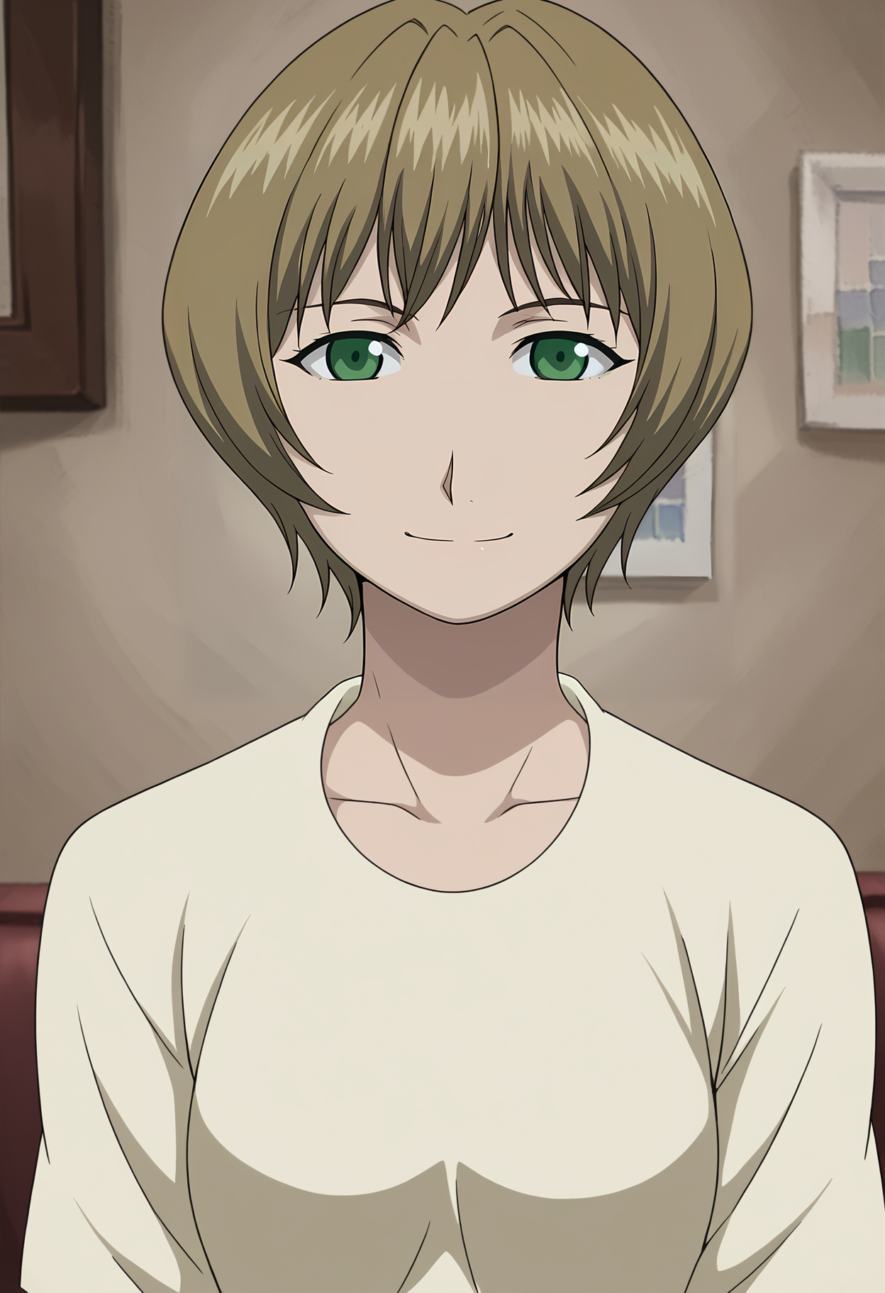 <lora:Gracia_Hughes-Fullmetal_Alchemist:0.85>,Gracia,mature female,1girl,solo,short hair,green eyes,brown hair,shirt,upper body,looking at viewer,indoors,smile