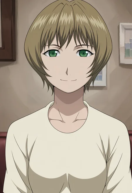 <lora:Gracia_Hughes-Fullmetal_Alchemist:0.85>,Gracia,mature female,1girl,solo,short hair,green eyes,brown hair,shirt,upper body,looking at viewer,indoors,smile