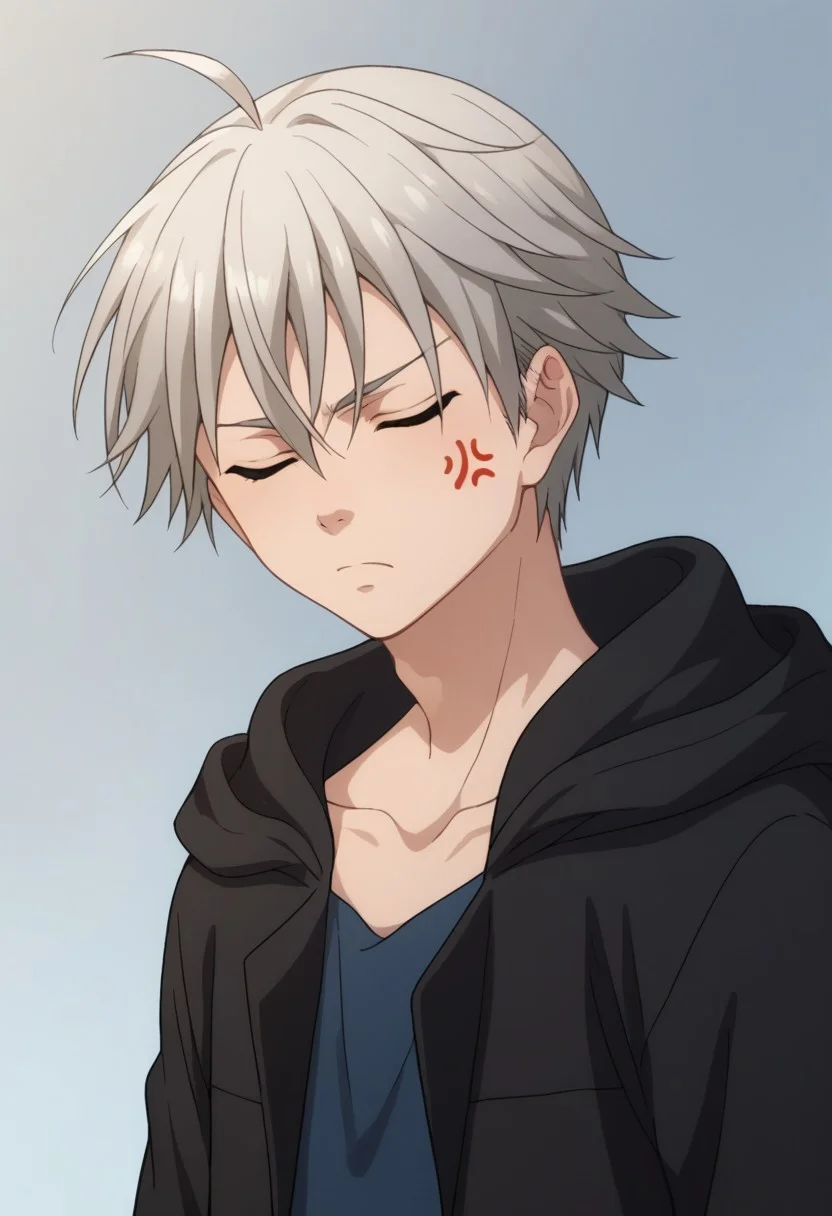score_9, score_8_up, score_7_up, source_anime, highly detailed,
yoshio, 1boy, male focus, solo, closed eyes, hood, upper body, hoodie, ahoge,
grey hair, black hoodie, brown pants, shirt, blue shirt, anger vein, open hoodie, open clothes
indoor,