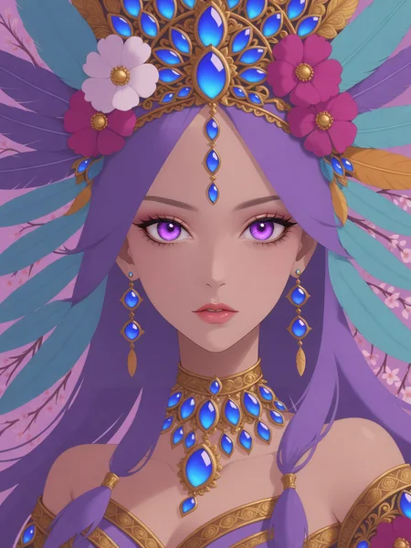 <lora:shiny_style_xl-turbo_v2:1>A mesmerizing digital portrait of a charismatic woman with piercing violet eyes, adorned in an ornate headdress, surrounded by vibrant blossoms and delicate feathers