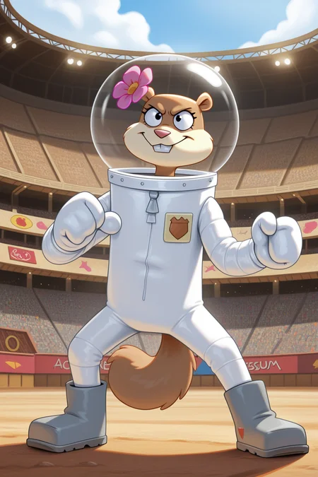 masterpiece, best quality, amazing quality, absurdres, sandycheeks, furry female, brown fur, solo, smile, serious, confident, fighting stance, pink flower, space helmet, white spacesuit, grey boots, outdoors, stadium, arena, colosseum