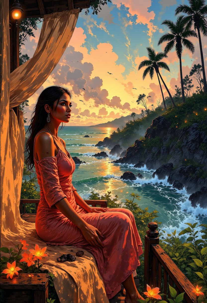 Hawaiian Clifftop Retreat – Soft Coral Pink Dress
A serene young woman sits on a wooden veranda of a secluded Hawaiian villa, gazing out at the deep blue ocean waves crashing against the cliffs below. She wears a soft coral pink dress with flowing sheer sleeves, its lightweight fabric catching the tropical breeze. A billowing white curtain dances in the wind, partially framing the view of swaying palm trees and a fiery sunset. The scent of plumeria flowers fills the air as she leans back, fully embracing island tranquility