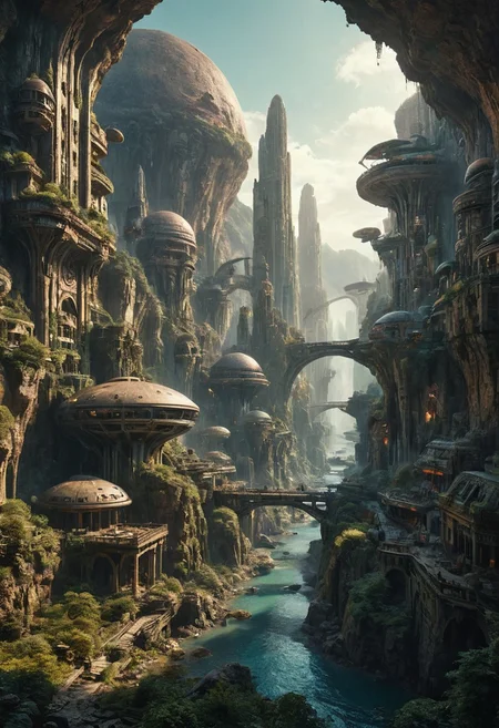 A grand, majestic retro-futurism space-opera city carved into a mountainside on a alien planet with intricate architectural designs. The city features multiple domed buildings, towering statues, and a large bridges connecting different parts of the city. The scene is set in a alien landscape with rocky cliffs and waterfalls, creating a sense of awe and wonder.