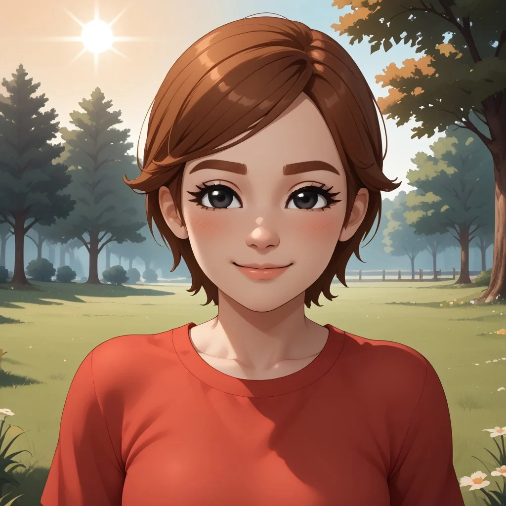 score_9, score_8, BREAK, solo, mii, wii u, wii sports club, 1girl, female mii, cute, auburn hair, auburn eyebrows, black eyes, white skin, blush, half-circle shaped nose, :3, red clothing, white pants, shoes, small breasts, Susie_(\Wii_Sports_Club\), Nintendo Mii, modern_mii, classic_mii, sexy pose, self portrait, smile, outdoors, sunlight, shadows, evening lighting, natural lighting, forest, trees, grass, orange sky, sunset