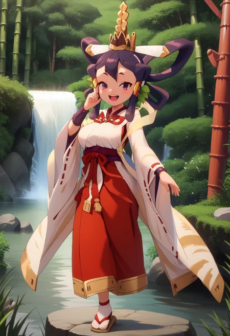 score_10 , score_9_up, score_8_up, score_7_up , score_6_up, vibrant colors, shiny_skin , prefect lighting, detailed image, snoozing , masterpiece , best quality , highly detailed , BREAK ,
1girl , (sakuna, goddess , big breasts , curvy ,  thicc , cute) , detailed face , bedroom eyes , smiling , 
looking at viewer , outdoor , forest , bamboo trees , rocks , waterfall , cinematic composition , dynamic pose , full body , 
By bad artist , HairDetail , fcNeg , EasyNegativeV2 ,
