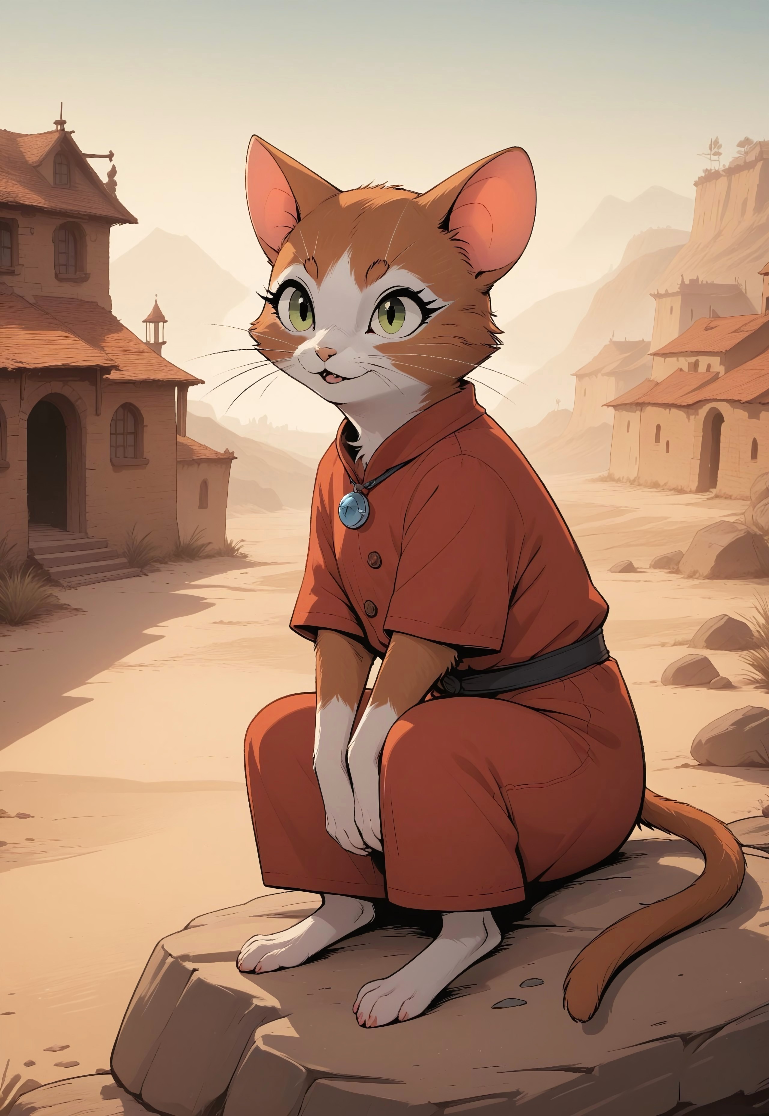 score_9, score_8_up, score_7_up, score_6_up, score_5_up, score_4_up, m0use_maximilla, in the style of Beatrix Potter, (((cat))) (cute), (feral:0.5), (orange fur), grey eyes, (red tunic), desert, (village:1.5), full body shot, (dynamic pose), glowing blue amulet, (cat ears:1.5), sitting on rock, side view, hands on lap, dark, night