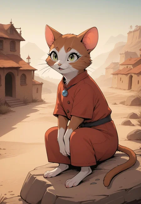 score_9, score_8_up, score_7_up, score_6_up, score_5_up, score_4_up, m0use_maximilla, in the style of Beatrix Potter, (((cat))) (cute), (feral:0.5), (orange fur), grey eyes, (red tunic), desert, (village:1.5), full body shot, (dynamic pose), glowing blue amulet, (cat ears:1.5), sitting on rock, side view, hands on lap, dark, night
