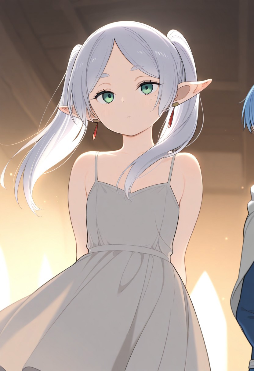 score_9, score_8_up, score_7_up, masterpiece, best quality, amazing quality, very aesthetic, absurdres, newest, 1girl, 1boy, frieren, himmel, himmel_sousou_no_frieren, long hair, white hair, twintails, elf ears, earrings, flat chest, petite, green eyes, blue hair, short hair, bangs, hair between eyes, mole under eye, gentle expression, fantasy clothing, wind-blown hair, standing side by side, warm lighting, serene moment, peaceful background, light freckles, jewelry, glowing atmosphere, soft lighting, side lighting, reflected light, emotional scene, fantasy world, (masterpiece, best quality, highres:1.2), (intricate and beautiful:1.2), (beautiful detailed eyes:1.2), detailed light, flowing fabrics, cinematic composition, quiet intimacy, bittersweet tone
,NoraHigumaArt