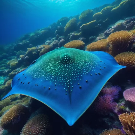 Focus on Stingray, Solo, No Humans, Animal focused, high contrast, stylized, dark, clear, surreal, ultra quality, 8k, best quality, masterpiece, seaurchin, Seaanemone, sandstone, oldstone, Stingray, radiant light, dappled light, Blue green light, A sting ray swims along the ocean floor while the majestic sea reef around it swarms with life, small fish swim to it's side and sea urchins and and sea anemone coat the floor in brilliant color and unnatural hues, Mystic snowflake patterns adorn the Stingray