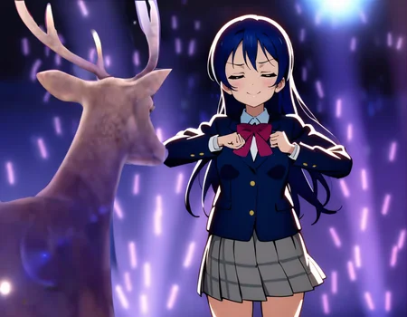 masterpiece, best quality, ultra detailed, highres,4k,(ultra-detailed:1.4) (illustration:0.5), (ray tracing,:0.8),(anime colored:0.7),(ai-generated:0.5),
1girl,solo,
sonoda umi, love live!
<lora:shikanokonokonokokoshitantanXL1:1>,shikanokonokonokokoshitantan,
>:),closed eyes,
school uniform, deer, glowstick, skirt,holding stick,dancing,crowd,