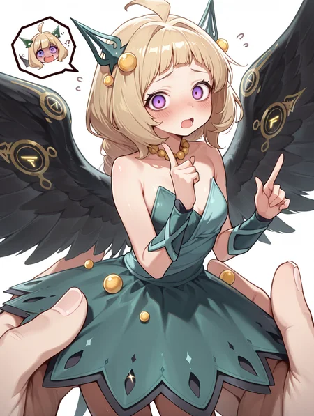 hugin the runick wings,1girl,open mouth,white background,blush,simple background,solo,green strapless dress,cowboy shot,looking at viewer,solo focus,speech bubble,index finger raised,minigirl,yellow necklace,green hair ornament,creepy eyes,
masterpiece,best quality,amazing quality,very aesthetic,absurdres,newest,<lora:Hugin the runick wings illuXL v1:0.82>,