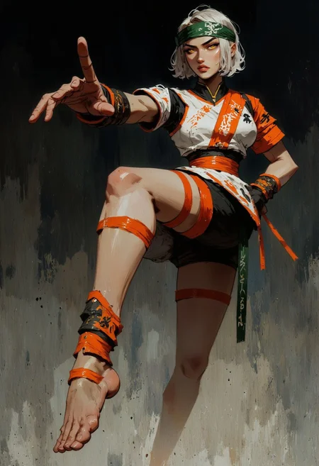 Highly detailed and dramatic digital artwork featuring a female character in a dynamic martial arts pose. The character is depicted with light skin and short, white hair, styled with a green and orange headband. The character's facial expression is intense, with a focus on the eyes and a determined look. They are wearing a white sports outfit with orange and black accents, including a short-sleeved top and shorts. The outfit is adorned with geometric patterns and a logo on the sleeve. The character is executing a high kick, with one leg extended towards the viewer, creating a sense of motion and energy. The background is a dark, textured gradient, enhancing the focus on the character. The overall style is vibrant and dynamic, capturing the essence of action and movement. <lora:FluxMythP0rtr4itStyle:0.6> <lora:flux.1_lora_flyway_Epic-Characters_v1:0.6> <lora:Elden_Ring_-_Yoshitaka_Amano:0.33>