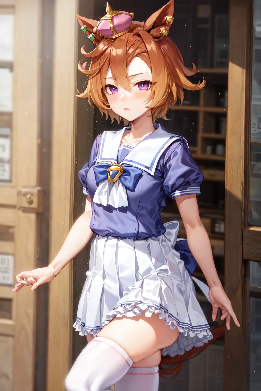 masterpiece, best quality,
t.m. opera o \(umamusume\),
mini crown, ear piercing, tracen school uniform, summer uniform, serafuku, puffy short sleeves, bowtie, horseshoe ornament, sailor collar, sailor shirt, purple shirt, white skirt, frills, miniskirt, zettai ryouiki, white thighhighs,
<lora:t.m._opera_o_loha:0.8>