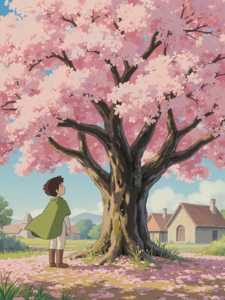 A young boy with dark brown hair and a green cloak is standing in front of a large, blooming tree, admiring the flowers. The tree’s branches are heavy with soft pink blossoms, and the ground is covered with fallen petals. The light is soft and bright, casting a warm glow across the scene. The sky is clear, and the village is visible in the distance.