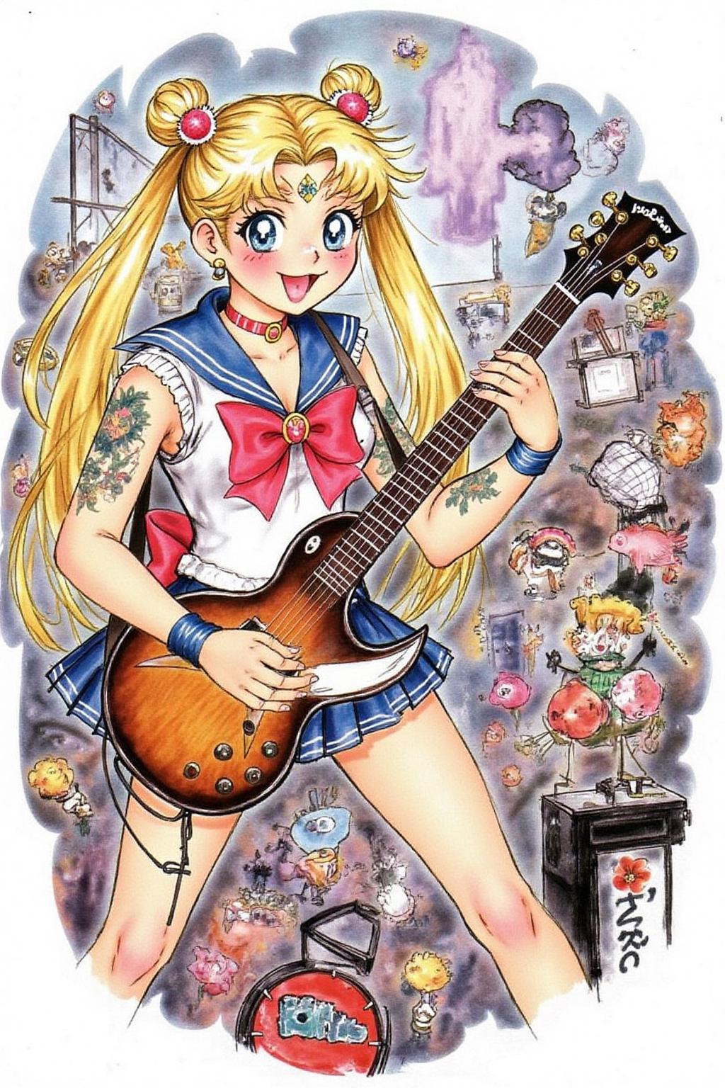 d0sn illustration of my sailor moon playing a guitar at a heavy metal mosh pit, tattoos, piercing  <lora:d0sn_illus7_cap_d6a3:1.0><lora:805806723383191748:0>
