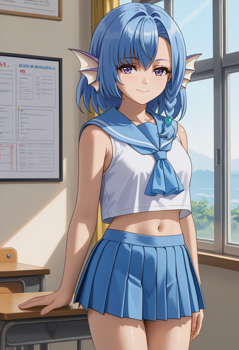 score_9,
<lora:EnjoKouhai_ElliotLeucosiaXL:0.9>, ElliotLeucosia, 
1girl, solo, closed mouth, light smile,
medium hair, blue hair, purple eyes, head fins, single braid,
serafuku, blue sailor collar, crop top, sleeveless shirt, white shirt, navel, pleated skirt, blue skirt,
standing, thigh gap,
indoors, school