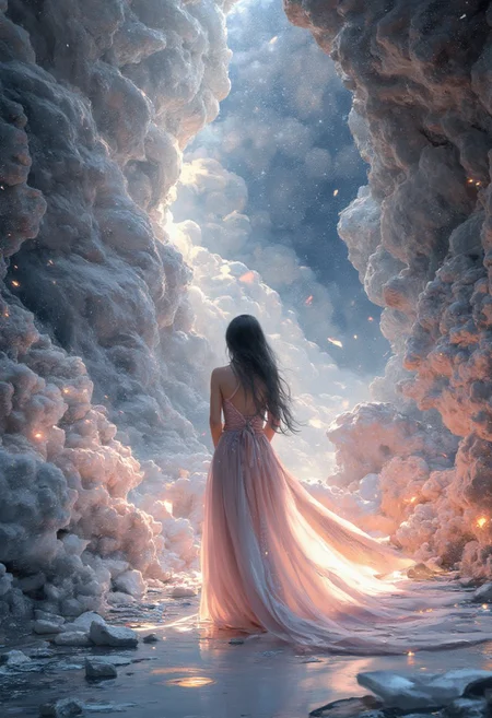 A captivating light painting of an abstract young woman emerging from the fluid forms of surreal sheet music. Her silhouette is composed of cascading hearts in pastel hues, and her gown flows gracefully, blending with the ethereal breeze. The background is a luminous cosmic scene rendered in the Art Nouveau style, featuring dreamlike flowing lines and fantastical organic shapes. The entire scene is illuminated by soft, ambient light, casting subtle, diffuse shadows. The color palette consists of soft pinks, light blues, and gentle yellows, creating a delicate and dreamy atmosphere.