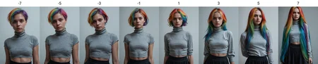score_9, score_8_up, score_7_up, score_6_up, realistic, masterpiece, high quality.
1girl, (solo)
grey turtleneck skivvy, black skirt.
rainbow hair,short hair,blue eyes.
3/4shot,  (from below:0.2).
simple background   <lora:Pony Realism Slider:3.0>