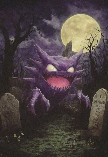 In a dark and grim graveyard, Haunter_Pokemon, pokemon \(creature\), haunter pokemon floating up over gravestones, haunter glows with an eerie purple lights, haunter looks decayed and terrifying, haunters eyes and mouth glow. Several other eerie lights hover and glow in the graveyard, as pale moonlight shines dimly behind the nighttime clouds and mist. Everything is limited color, detailed and haunting in this creepy, gothic scene.