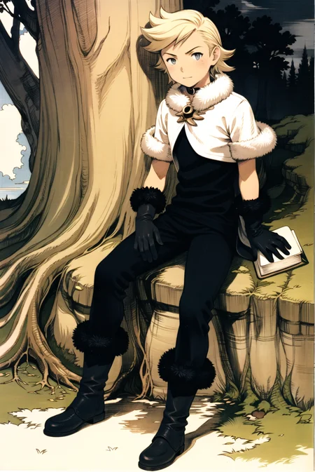yoshida akihiko,
1boy, black gloves, blonde hair, book, boots, drop shadow, elbow gloves, full body, fur collar, gloves, pants, night, forest, tree, cloud, ringabel,
bravely default \(series\),
<lora:yoshida_akihiko_offset:1>