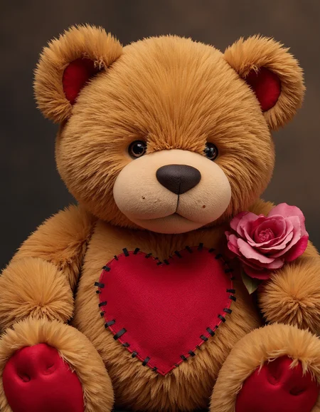 A portrait of a teddy bear with stitched on red heart shaped patchwork_skin on it's chest. Black stitches., best quality, 4k, 8k, high resolution, cinematic, vibrant, intricate, Hyperrealistic, high detail, <lora:XLabs Flux Realism LoRA\flux_realism_lora.safetensors:0.8>, <lora:FLUX_Patchwork_Skin_Merge2_Shurik:1>