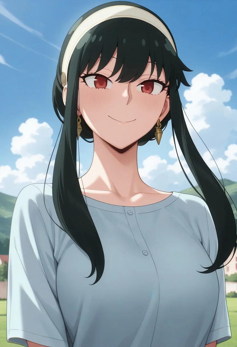 masterpiece,best quality,amazing quality, yor briar, black hair, long hair, red eyes, 1girl, solo, hairband, sky, smile, outdoors, sidelocks, cloud, day, upper body, blue sky, shirt