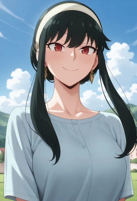 masterpiece,best quality,amazing quality, yor briar, black hair, long hair, red eyes, 1girl, solo, hairband, sky, smile, outdoors, sidelocks, cloud, day, upper body, blue sky, shirt