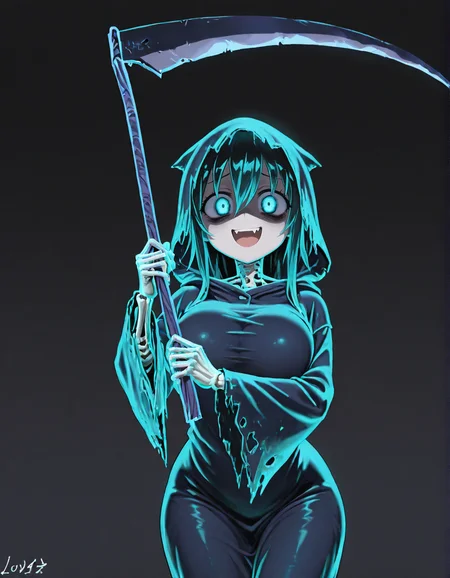 (2D,masterpiece,best quality,amazing quality, high resolution,looking at viewer,ultra-detailed,1 girl,solo,source_anime,petite,lovely,curvy,cute,huge_breasts,Simple black background,ghost,spooky),Cairn Wraiths,(holding scythe,hold a weapon in one's hands:1.2),skeleton,robe,hooded robe,glowing blue eyes,attack trail, attack, swinging weapon,Shortstack,open mouth,smile,bags under eyes,fang,shaded face, scared face, yandere,taut clothes,<lora:Cairn_Wraiths:1>, <lora:ValbunStyle-IL:0.4>