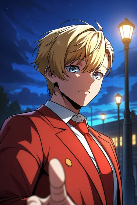 masterpiece, best quality, amazing quality, very aesthetic, high resolution, ultra-detailed, absurdres, newest, scenery, volumetric lighting, depth of field,anime screencap, , , 1boy, solo, male focus,  <lora:ed_rothstaylor:0.83>,ed rothstaylor,light blue eyes,blonde hair,short hair,side-swept bangs,looking at viewer, shirt, long sleeves,closed mouth, jacket, white shirt, outdoors, necktie, sky,open clothes, collared shirt,cloud,school uniform,upper body, suit, red necktie, red jacket,open jacket, reaching towards viewer,  lamppost,night,from side