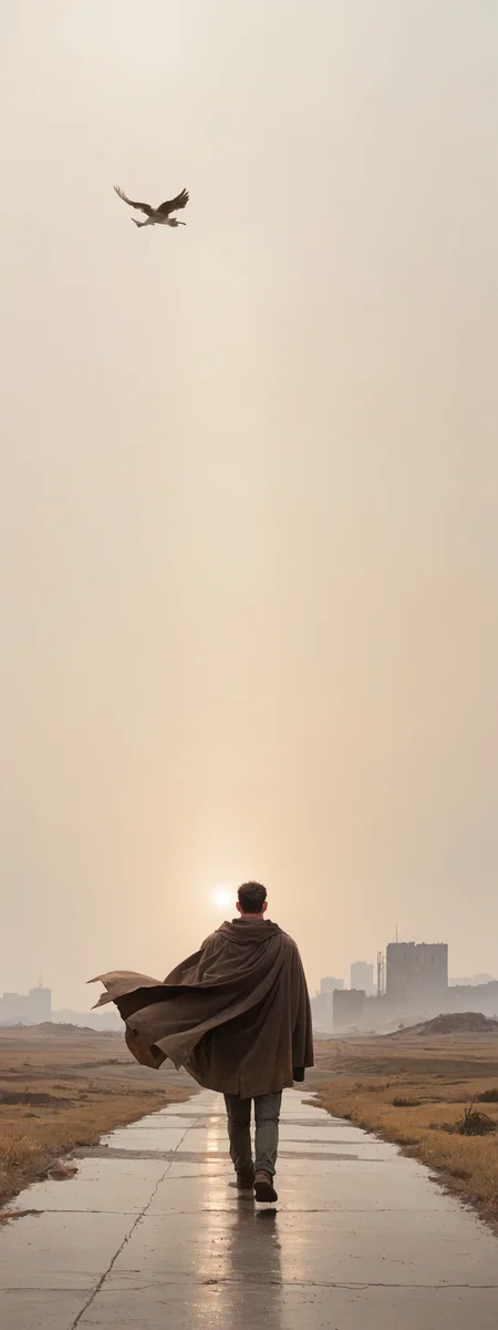 score_6up, a lonely man, sunglasses, walking to us, a lot of jewelry on his arms, he wear a long brown cape flying in the wind, in a post apocalyptic city, warm colors, <lora:Cyber-manhwa-style_ponyXL_resized_LOREVER:1>