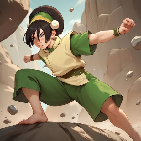 score_9, score_8_up, score_7_up, score_6_up, score_5_up, score_4_up, rating_explicit, 1girl, Toph, blind, fighting stance, surrounded by floating rocks, flying rocks, barefoot, rocky terrain