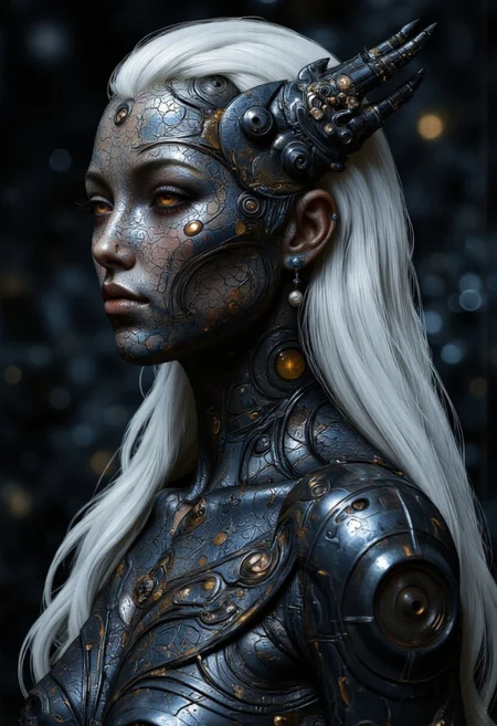 An extreme closeup portrait for an enigmatic and otherworldly woman with intricately textured metallic skin, their face and body adorned with elaborate biomechanical patterns that ripple like living armor. The figure's piercing crimson eyes glow with an intense, otherworldly energy, contrasting sharply with the cool, dark tones of their neck and face. Long, silver-white hair cascades down their back, enhancing their ethereal and alien appearance. The dimly lit, shadowy background emphasizes their enigmatic presence, evoking a sense of mystery and power.