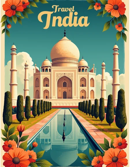 <lora:Travel posters:1> Travel illustration
1920 travel poster of the taj mahal, in the top in unique font says: "Travel India" , Blue sky, floral frame,