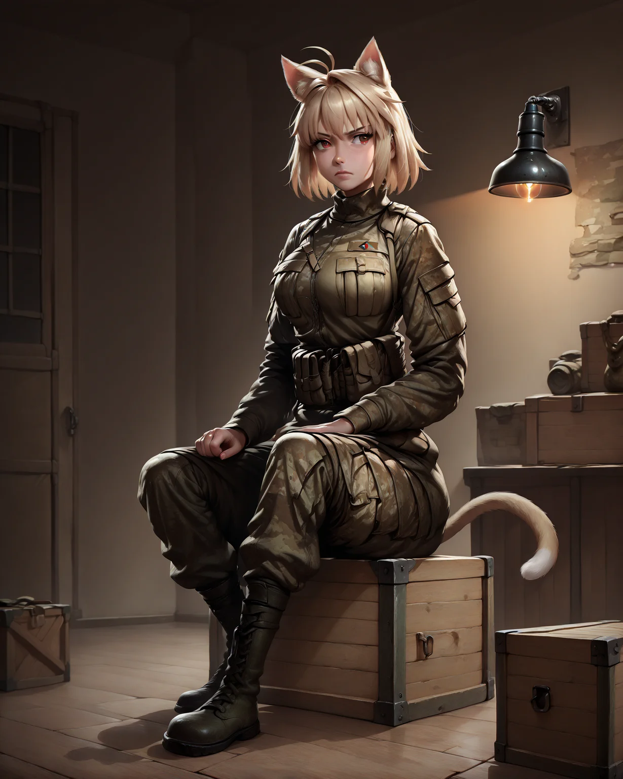 masterpiece,best quality,absurdres,highres, insanely detailed, beautiful detailed face, very aesthetic, great lighting, eft_char, 1girl, solo, cat girl, arcueid brunestud, blonde cat ears, blonde cat tail, cat eyes, (:3:0.7), serious, military uniform, russian army, camouflage, indoors, sitting on wooden crate, full body, looking to the side, dark background, gradient background, <lora:TarkovArtsStyle:1>