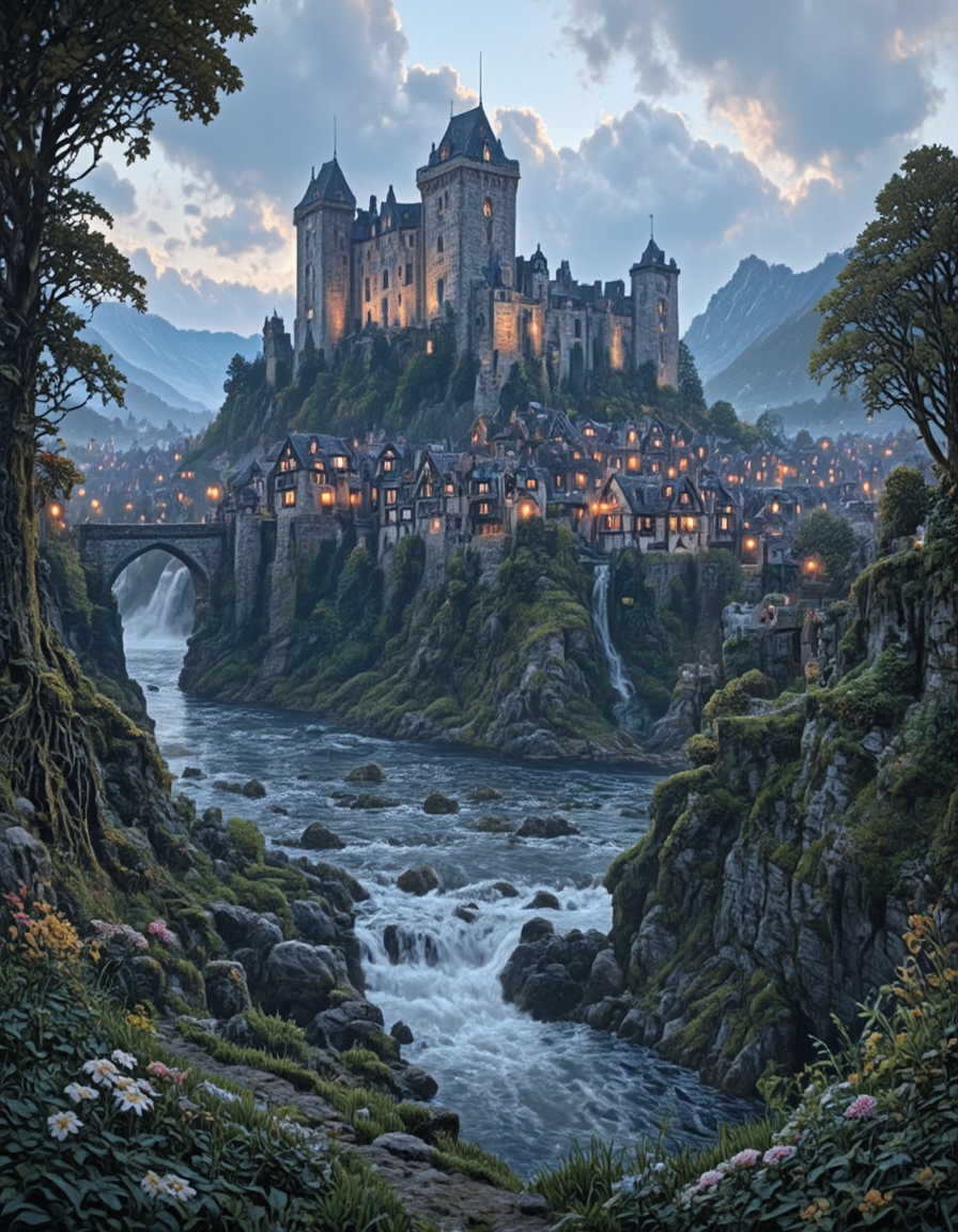 <lora:Medieval_Worlds_Special_fl:1> medieval, very detailed, river, moss, illuminated, city lights, vegetation, high castle in the background, castle bridge, houses, high tower in the background, high castle, town, flowers, roots, grass, mw01out, realistic photo, bokeh, white, gold, T2, T8, green, fantasy, T10, landscape, mountains, waves, rocks, tree, vegetation, moss, rough sea, waterfall, sunset, blue, orange, yellow, brown, mist, photo