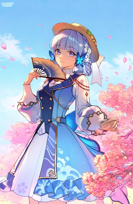 kamisato_ayaka, kamisato_ayaka_\(springbloom_missive\), 1girl, solo, looking_at_viewer, blue_eyes, long_sleeves, hair_ornament, dress, hat, holding, blue_hair, braid, flower, outdoors, puffy_sleeves, artist_name, blunt_bangs, hair_flower, official_alternate_costume, mole, blue_sky, mole_under_eye, petals, blue_dress, cherry_blossoms, puffy_long_sleeves, hand_fan, official_alternate_hairstyle, light_blue_hair, brown_headwear, butterfly_hair_ornament, folding_fan, holding_fan