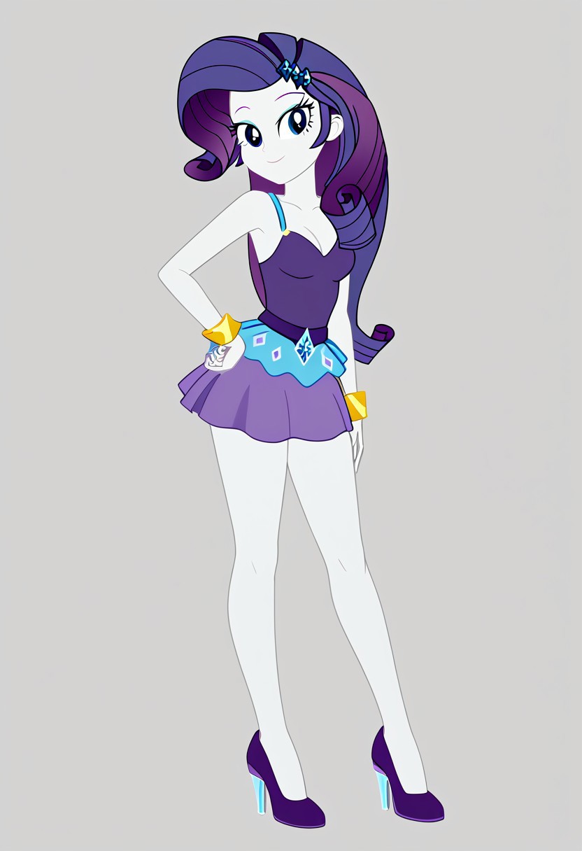 Score_9, Score_8_up, Score_7_up, Volumetric lighting, source_cartoon, source_cartoon, Official, rarity, equestria girls, bracelet, Full body, women's shoes, sexy and sensual posing, sexy and sensual model body, Mini skirt, High heels, Purple dress