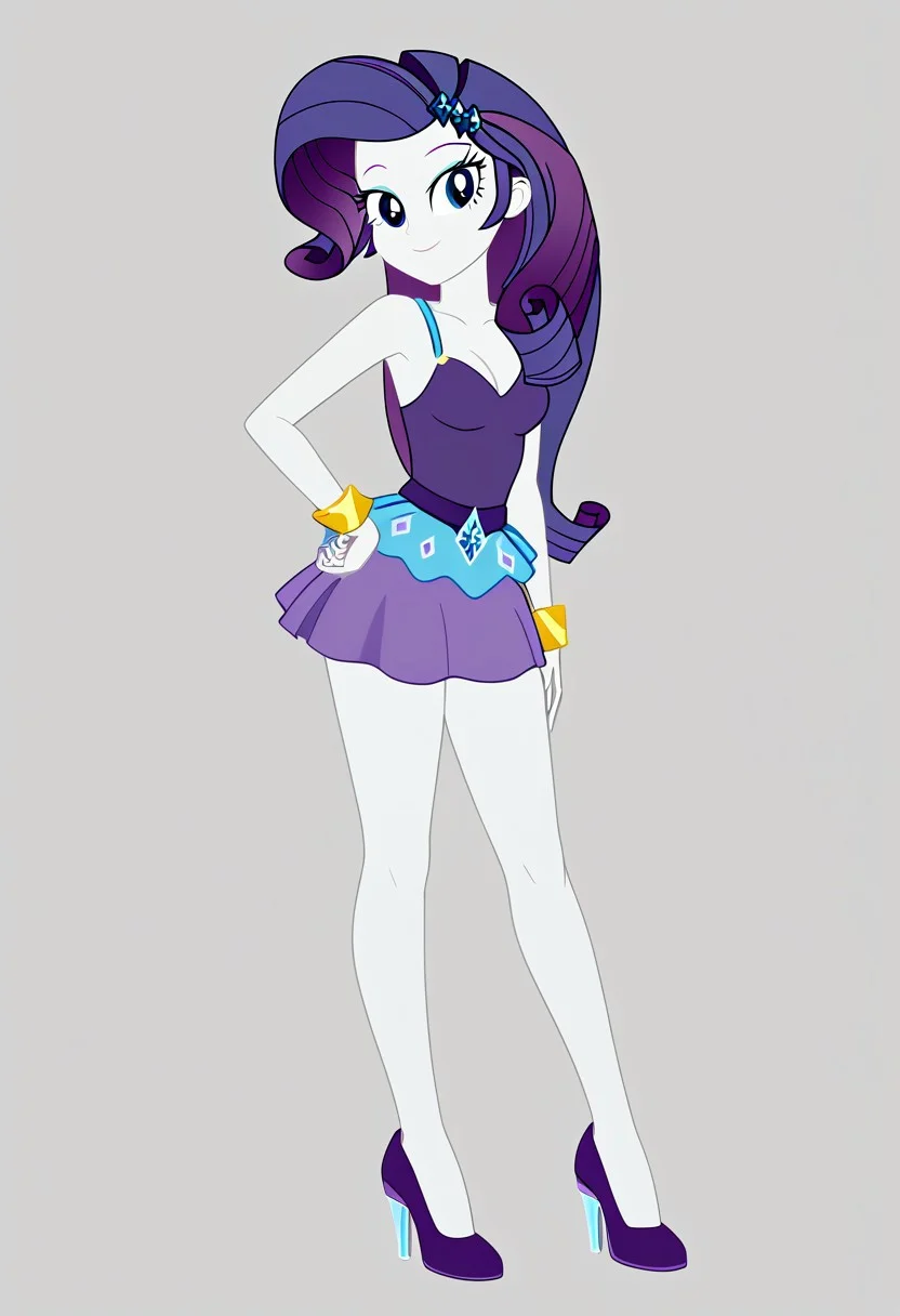 Score_9, Score_8_up, Score_7_up, Volumetric lighting, source_cartoon, source_cartoon, Official, rarity, equestria girls, bracelet, Full body, women's shoes, sexy and sensual posing, sexy and sensual model body, Mini skirt, High heels, Purple dress