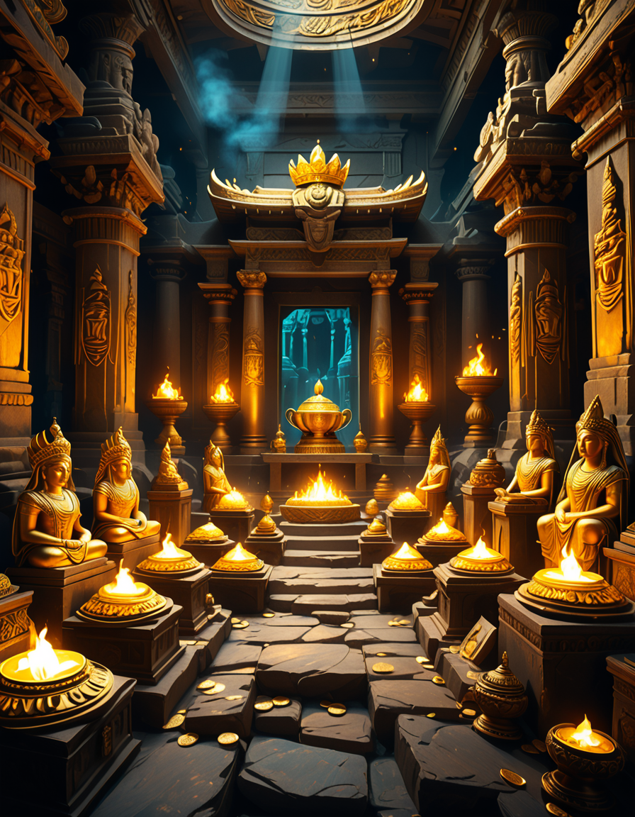 score_9, score_8_up, score_7_up,amazing quality, ultra realistic, 3D, HD, best quality, amazing quality, very aesthetic, absurdres
A hidden treasure chamber deep within an ancient temple, illuminated by the warm golden glow of torches and mystical blue light from enchanted crystals. The room is filled with piles of gold coins, jewel-encrusted goblets, and ancient artifacts covered in dust. Massive stone statues of forgotten deities guard the chamber, their eyes glowing faintly as if watching intruders. In the center, a grand pedestal holds a legendary artifactâan ornate golden crown encrusted with emeralds and sapphires, shimmering with an otherworldly aura. The walls are adorned with intricate carvings depicting lost civilizations, and creeping vines hint at centuries of abandonment. The atmosphere is mystical and slightly eerie, with a sense of both wonder and danger. The air is thick with the scent of aged parchment and burning incense, adding to the chamberâs ancient and mysterious feel. Cinematic lighting with dramatic shadows enhances the depth and richness of the scene, creating a visually stunning and immersive environment.
<lora:SDXLFaeTastic2400:0.4> <lora:extremely_detailed:0.4> extremely detailed,treasure ch4mb3r, <lora:treasure_ch4mb3r-p:1>