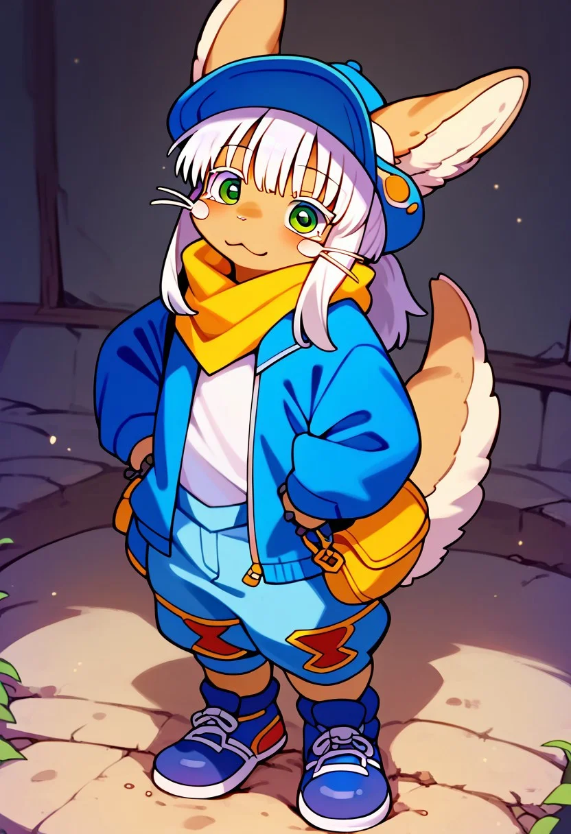 score_9, score_8_up, score_7_up, high detail, 4k, high resolution, best quality, kemono,
1girl,
Nanachi \(made in abyss\), green eyes, white hair, white eyelashes, white whiskers, furry, animal ears, tail, sidelocks, cute, standing,
Yellow cap, blue cap bill, cap worn sideways, blue jacket, white shirt with blue design, blue shoes, yellow pants, yellow neck cover, Untied shoelaces,