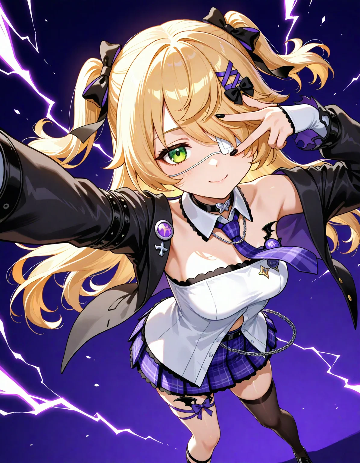1girl,
very awa, gcs fischl, green eyes, white eyepatch, eyepatch, blonde hair, two side up, black hair ribbon, x hair ornament, black nails, black jacket, open jacket, white shirt, purple skirt, purple necktie, detached collar, black thighhighs, asymmetrical legwear, thigh strap, collar, standing, dynamic angle, simple background, chuunibyou, smile, purple background, wind, v over eye, gradient background, purple lightning, from above,
masterpiece, best quality, newest, highres, absurdres, sensitive
<lora:NoobV065sHyperDmd:1> <lora:Fischl_Cafe_in_Seoul_V2_IXL20:1>
